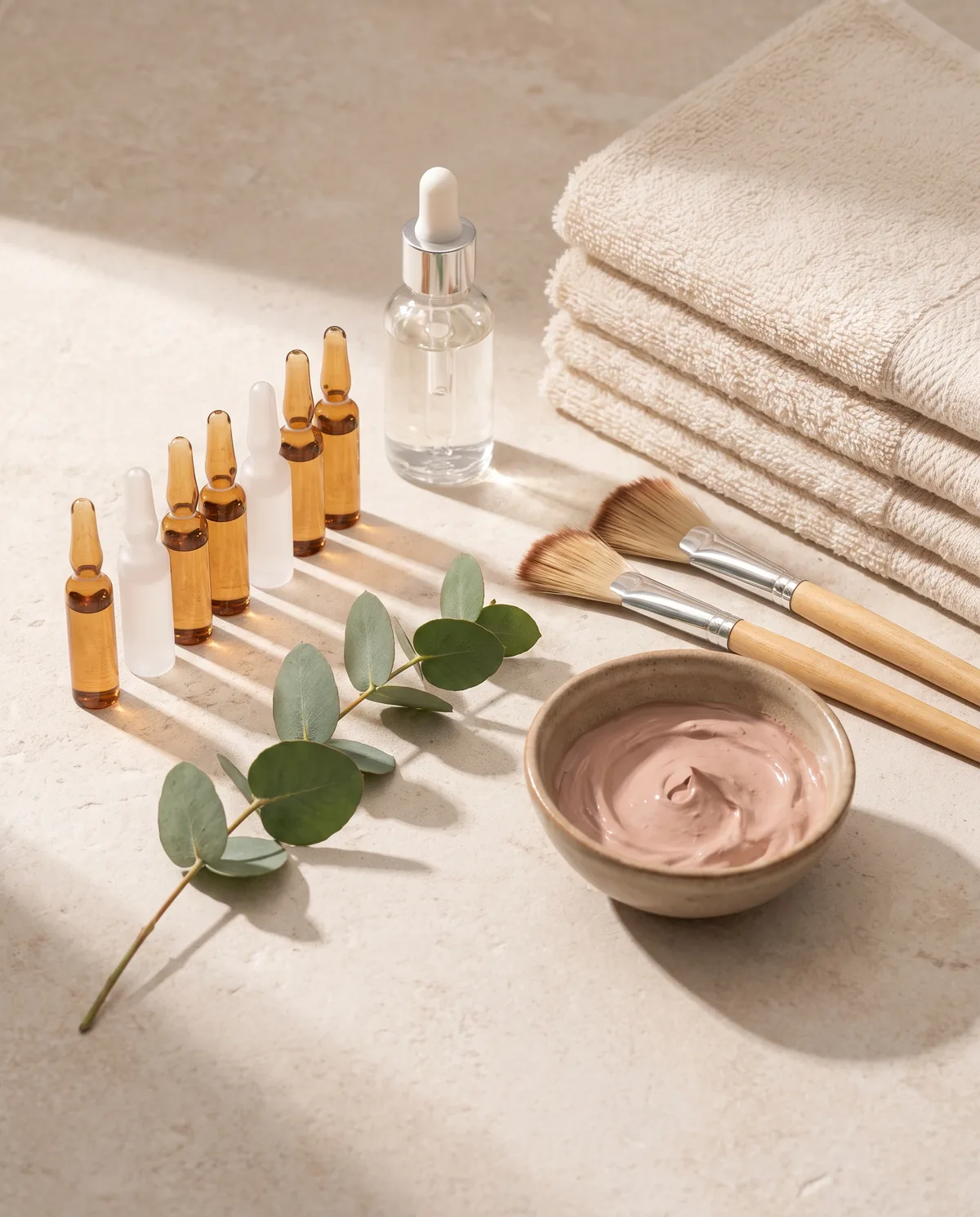 Ampullen, Serum, Maskenpinsel und eine Schale Tonerdemaske auf hellem Stein — beispielhafte Darstellung der verwendeten Pflegeprodukte.